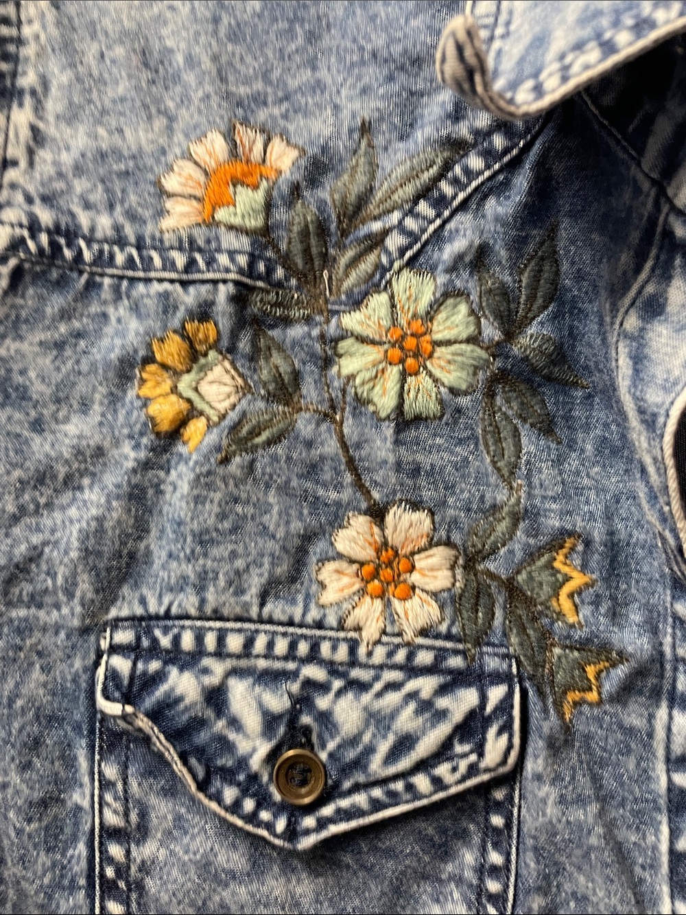 Embellished Light Blue Denim Button-Down Shirt patchwork, xl - Picture 4 of 7
